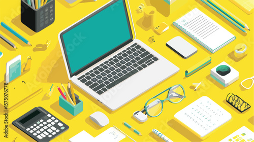 Isometric Style Digital Workspace with Laptop