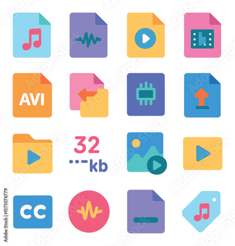 Multimedia files and formats modern flat .MP3 file, WAV file, MP4 file, MOV file, FLAC file, AVI icon, file converter, codec icon, file upload icon, file download icon, media