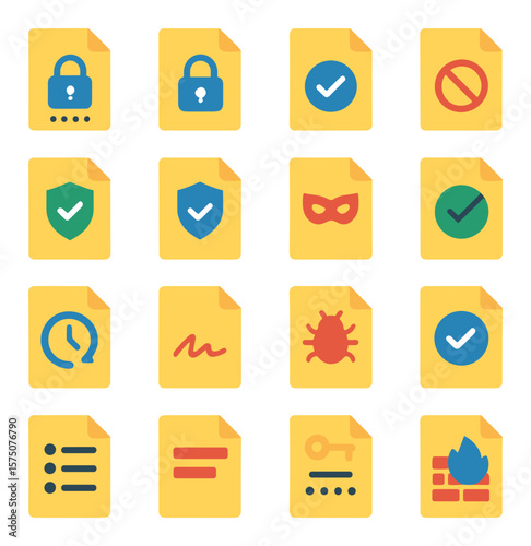 Data Security Files modern flat .Encrypted file, locked data file, permissioned file, access restricted, secure file, file with shield, masked data file, confidential file, file