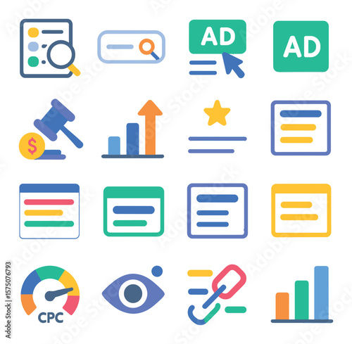 Search Engine Advertising modern flat .Keyword list, search bar, paid result, ad label, bid strategy, ad rank, quality score, text snippet, sitelink extension, display URL,