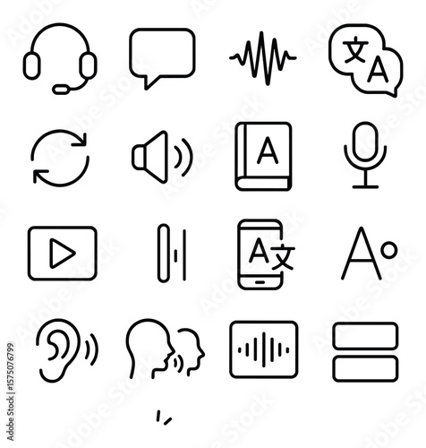Language learning tools line art icons. headset mic, speech icon, pronunciation wave, translation bubble, repeat symbol, voice playback, language book, mic input, lesson play