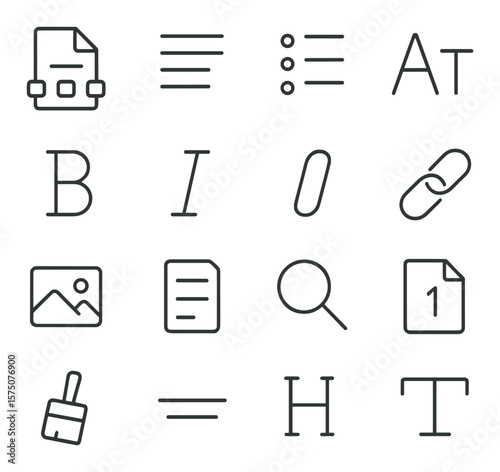 Document interface UI line art icons. toolbar icon, text alignment, bullet list, font size, bold text, italic text, underline tool, insert link, image icon, page layout, zoom