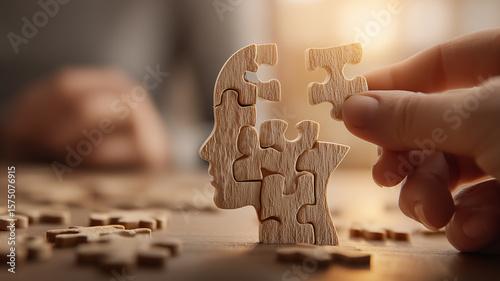Hand Placing Final Piece in Wooden Head Puzzle Portraying Mental Health Solutions and Cognitive Growth.
