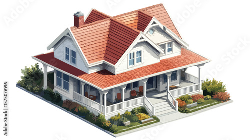 Modern Isometric Suburban Home with Red Gable Roof