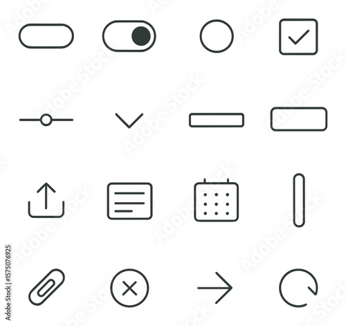 Basic UI controls line art icons. button, toggle switch, radio button, checkbox, slider, dropdown arrow, input field, search bar, upload icon, text box, calendar picker, scroll bar