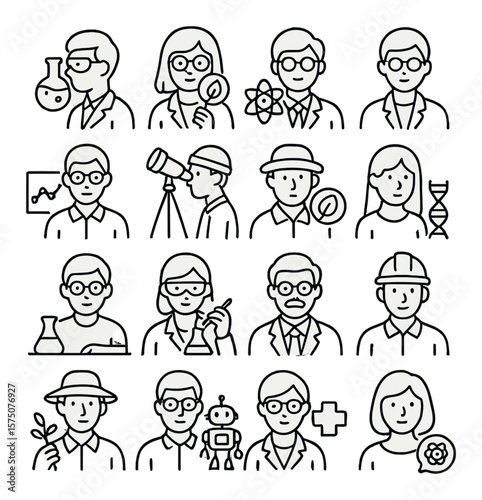 Scientific professions line art icons. chemist icon, biologist figure, physicist symbol, researcher avatar, data analyst, astronomer icon, ecologist badge, geneticist figure,