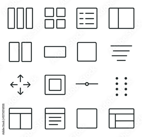 Interface layout controls line art icons. column layout, grid view, list view, sidebar toggle, split screen, full width, container box, alignment tool, spacing icon, padding