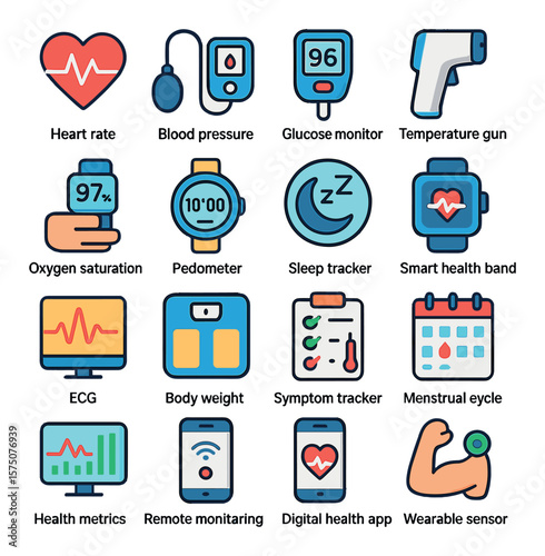 Health Monitoring modern flat .Heart rate sensor, blood pressure icon, glucose monitor, temperature gun, oxygen saturation, pedometer, sleep tracker, smart health band, ECG icon,