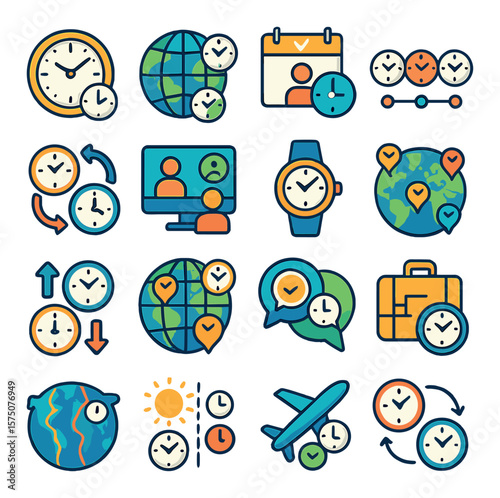 Time Zones modern flat .World clock, globe with clocks, UTC symbol, time conversion icon, city clocks, international meeting time, dual timezone watch, map with time markers, time