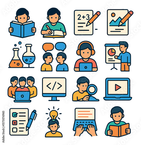 Learning activities modern flat .reading book, writing notes, solving math, drawing, science experiment, discussing, listening to lecture, presenting, group project, coding,