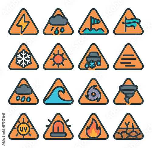 Weather Alerts modern flat .Lightning warning, heavy rain alert, flood zone icon, high wind warning, snowstorm caution, heatwave triangle, icy road symbol, fog alert, hailstorm