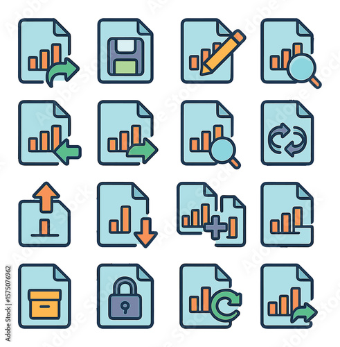 Data File Actions modern flat .Open data file, save data file, edit data file, delete data file, import data file, export data file, analyze data file, convert data file, upload