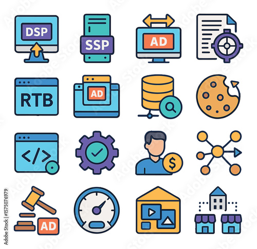 Programmatic Ecosystem modern flat .DSP icon, SSP icon, ad exchange, bid request, RTB symbol, header bidding, data layer, cookie tracking, pixel code, automation gear, media buyer,