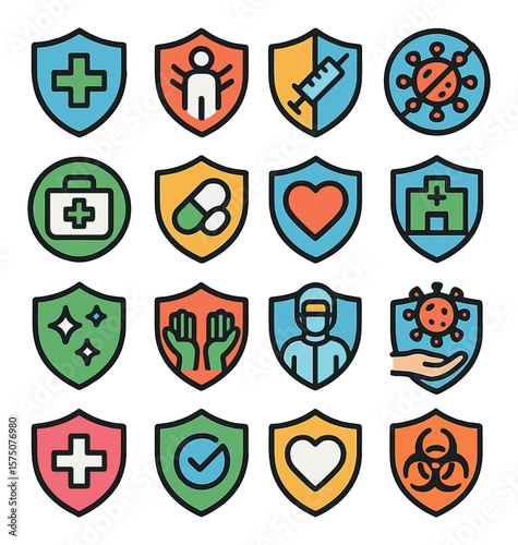 Medical Protection modern flat .Health shield, immune defense, vaccine shield, virus block, first aid icon, safe medicine, heart protection, hospital shield, sterile zone, clean