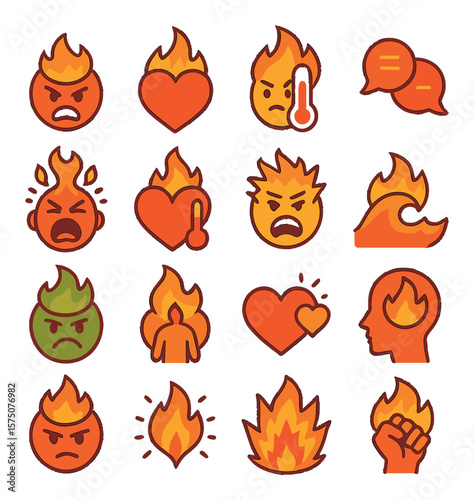 Emotions with heat modern flat .rage, passion, stress, tension, warmth, anger burst, heart on fire, boiling point, heated conversation, frustration wave, burning jealousy,