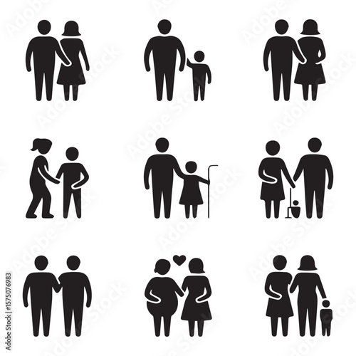 Collection of diverse family and relationship icon symbols representing different life stages