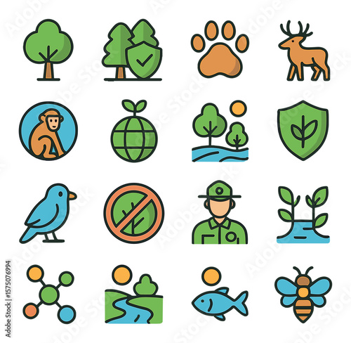 Wildlife & Nature Protection modern flat .Tree icon, protected forest, animal paw, wildlife reserve, endangered species, eco habitat, nature park, conservation shield, bird