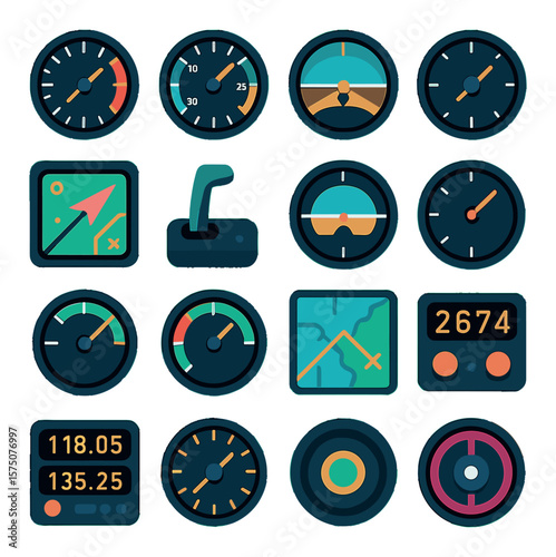 Flight instruments modern flat .altimeter, airspeed indicator, compass, attitude indicator, GPS display, throttle lever, artificial horizon, vertical speed indicator, engine gauge,
