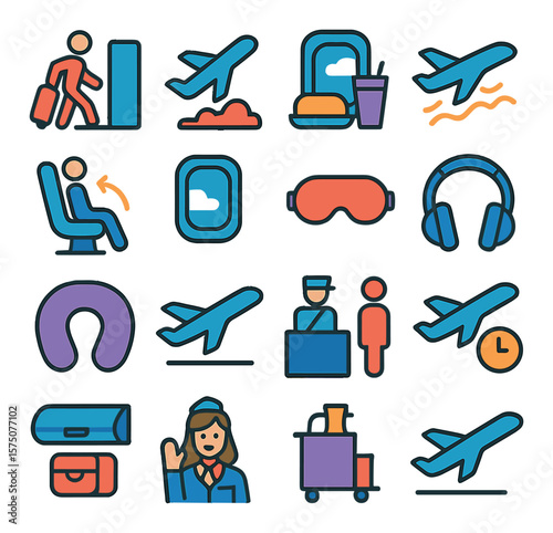 Passenger experience modern flat .boarding, takeoff, inflight meal, turbulence, seat adjustment, window view, sleeping mask, headphones, travel pillow, arrival, customs check,
