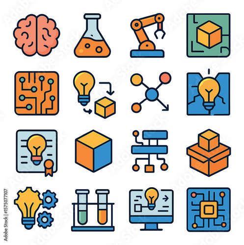 Innovation and invention modern flat .brain icon, lab flask, robotics arm, blueprint, circuit board, idea-to-product icon, solution path, breakthrough symbol, invention patent, 3D