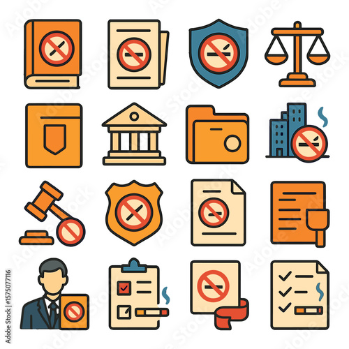 Legal and policy icons modern flat .law book with cigarette ban, contract with no smoking clause, shield with cigarette crossed, justice scale and smoke icon, policy file with ban