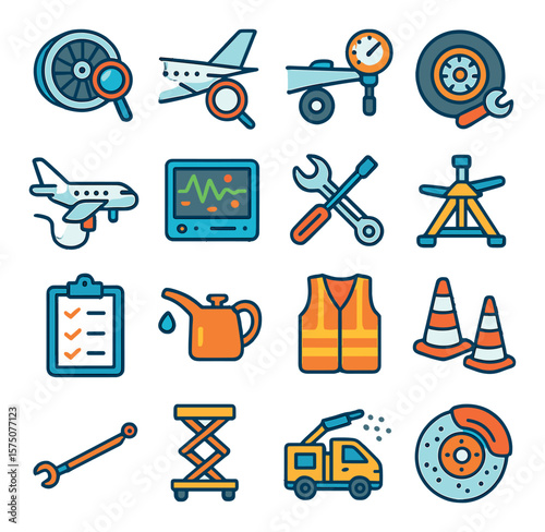 Aircraft maintenance modern flat .engine check, wing inspection, landing gear test, tire change, fuel refill, avionics diagnostics, maintenance tools, aircraft jack, checklist