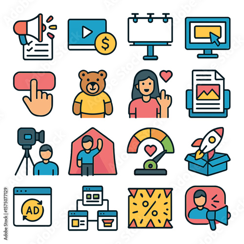 Advertising and Promotion modern flat .Ad campaign, media buying, billboard icon, online ad banner, call to action, brand mascot, influencer icon, print flyer, commercial shoot,