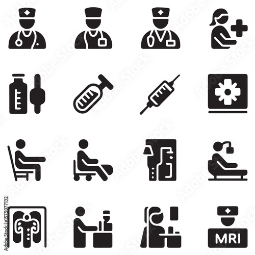 Collection of medical and healthcare icons representing doctors and procedures