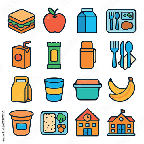 Lunchtime icons modern flat .sandwich, apple, milk carton, lunch tray, juice box, snack bar, thermos, utensils, napkin, lunch bag, water cup, food container, banana, yogurt cup,