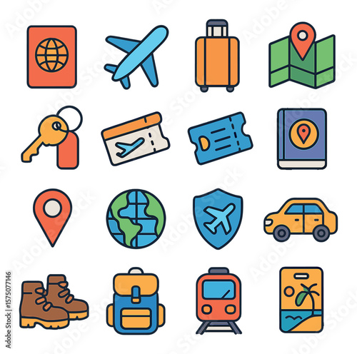 Travel & Getaway modern flat .Passport, airplane, suitcase, travel map, hotel key, boarding pass, travel ticket, travel guide, location pin, globe, travel insurance, rental car,