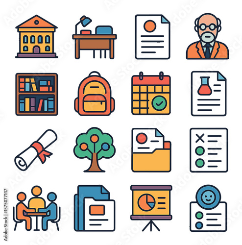 Academic life modern flat .university icon, desk, thesis document, professor icon, library, school bag, class schedule, lab report, degree scroll, knowledge tree, assignment folder