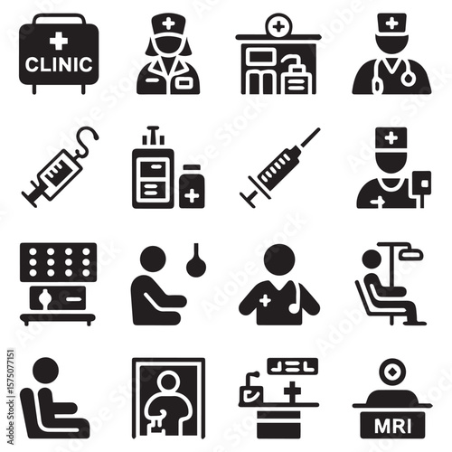 Collection of medical and healthcare icons representing clinic hospital services and procedures