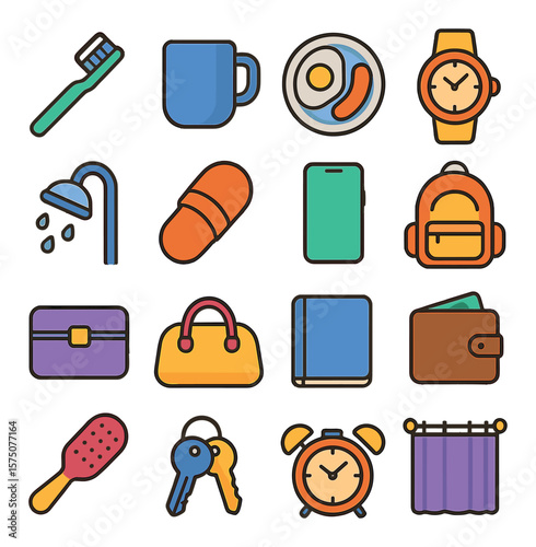 Daily routine items modern flat .toothbrush, mug, breakfast plate, watch, shower head, slipper, phone, backpack, lunchbox, gym bag, notebook, wallet, hairbrush, keys, alarm bell,