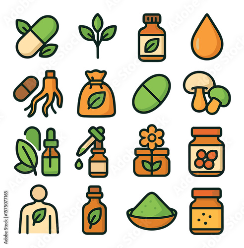 Natural remedies modern flat .herbal capsule, plant icon, leaf extract bottle, essential oil drop, root supplement, dried herbs pouch, botanical tablet, mushroom supplement, green