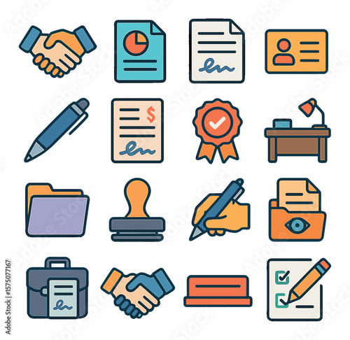 Business Agreements modern flat .Handshake icon, proposal paper, signed deal icon, business card, office pen, signed invoice, approval badge, executive desk, document folder, stamp