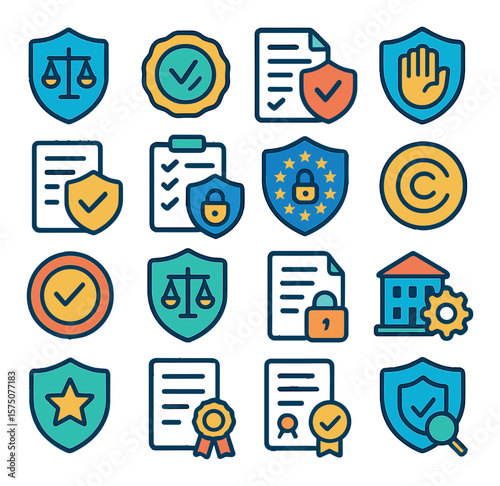 Legal & Compliance modern flat .Law shield, regulation badge, contract guard, rights protection, court document shield, compliance checklist, GDPR shield, copyright icon, certified