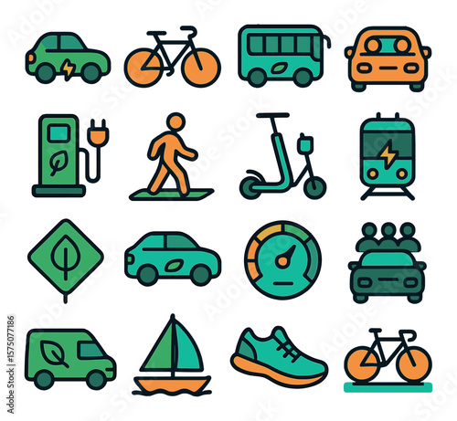 Eco Transportation modern flat .Electric car, bicycle, bus with leaf, carpool icon, charging station, pedestrian path, electric scooter, train with plug, eco road sign, hybrid