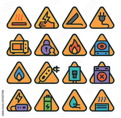 Home & Appliance Warnings modern flat .Hot surface warning, electric shock icon, sharp blade alert, plug caution, microwave alert, child safety lock icon, fire risk, stove warning,