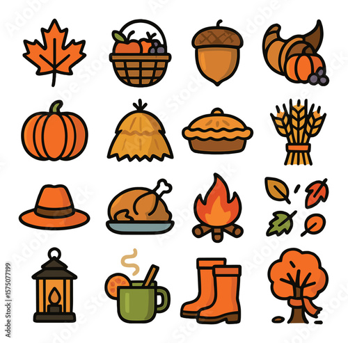 Autumn Holidays modern flat .Maple leaf, harvest basket, acorn, cornucopia, pumpkin, haystack, apple pie, wheat bundle, fall hat, roasted turkey, bonfire, falling leaves, lantern,