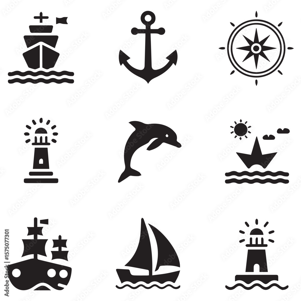 Obraz premium Nautical icons collection featuring ships anchor compass lighthouse and dolphin