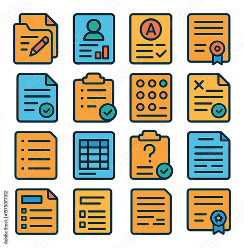 Education Documents modern flat .homework file, student report, grade sheet, diploma, admission form, course syllabus, attendance sheet, exam paper, question sheet, answer sheet,