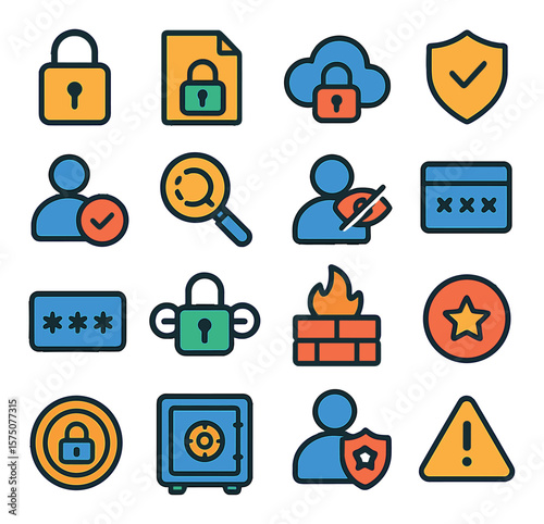 Data security in analysis modern flat .data lock, encrypted file, secure cloud, shield icon, access permission, audit trail, privacy mode, restricted area, masked field, secure