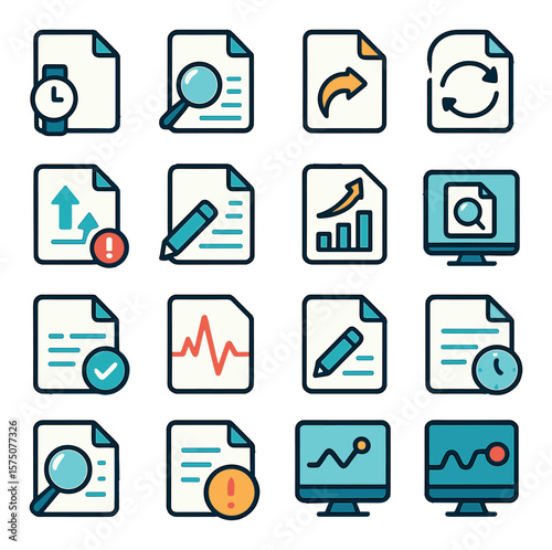 Data File Monitoring modern flat . Watch file icon, log viewer, change tracker, sync indicator, file update alert, modification icon, data growth icon, file analytics, monitoring