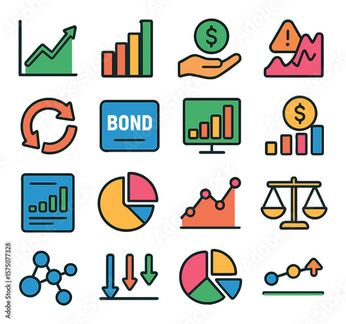 Investment portfolio modern flat .stock icon, growth bar, dividend payout, risk graph, return rate, bond symbol, ETF chart, market value, holding report, portfolio mix, gain