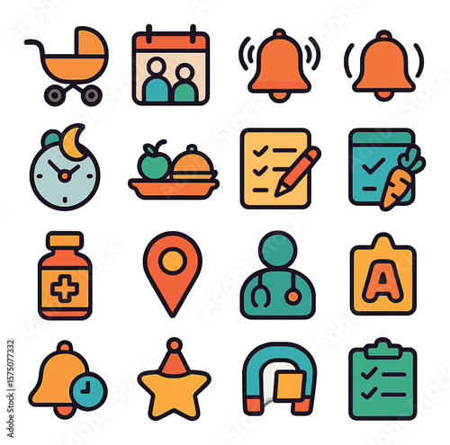 Family planning icons modern flat .stroller, family calendar, chore chart, alarm bell, bedtime clock, meal tray, homework note, grocery reminder, medicine bottle, event pin, doctor