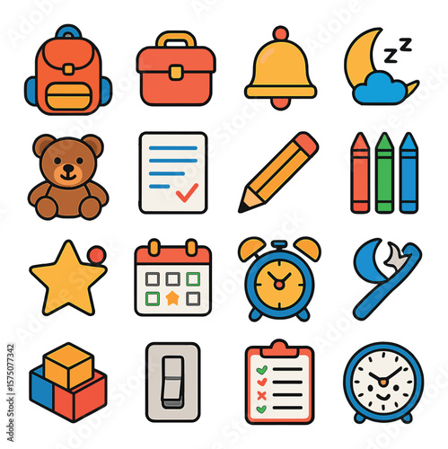 Children's schedule helpers modern flat .backpack, lunchbox, school bell, bedtime moon, teddy bear, homework sheet, pencil, crayons, reminder star, calendar with stickers, sleep