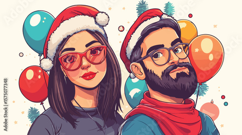 Festive Joyful Men and Women Celebrating with Christmas Balloons