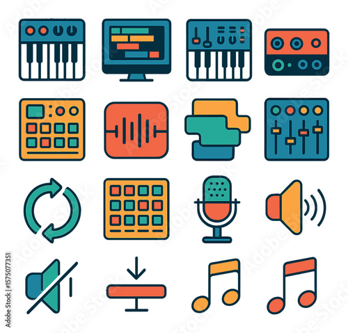 Music production tools modern flat .MIDI keyboard, DAW screen, synthesizer, audio interface, drum machine, sound sample, track layering, FX panel, VST plugin, loop icon, beat grid,