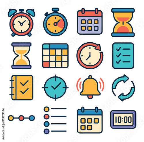 Time management modern flat .alarm clock, stopwatch, calendar, timer icon, hourglass, schedule grid, deadline icon, checklist, planner book, focus target, reminder bell, repeat
