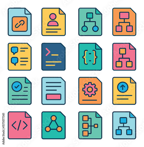 Technical Documentation modern flat .API doc, user manual, flowchart, architecture diagram, code comments, terminal output, JSON file, schema diagram, tech specs sheet, readme file